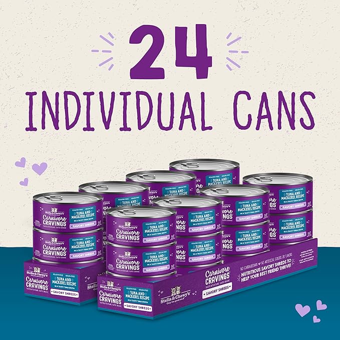 Stella & Chewy's Carnivore Cravings Savory Shreds Cans – Grain Free, Protein Rich Wet Cat Food – Wild-Caught Tuna & Mackerel Recipe – (5.2 Ounce Cans, Case of 24)