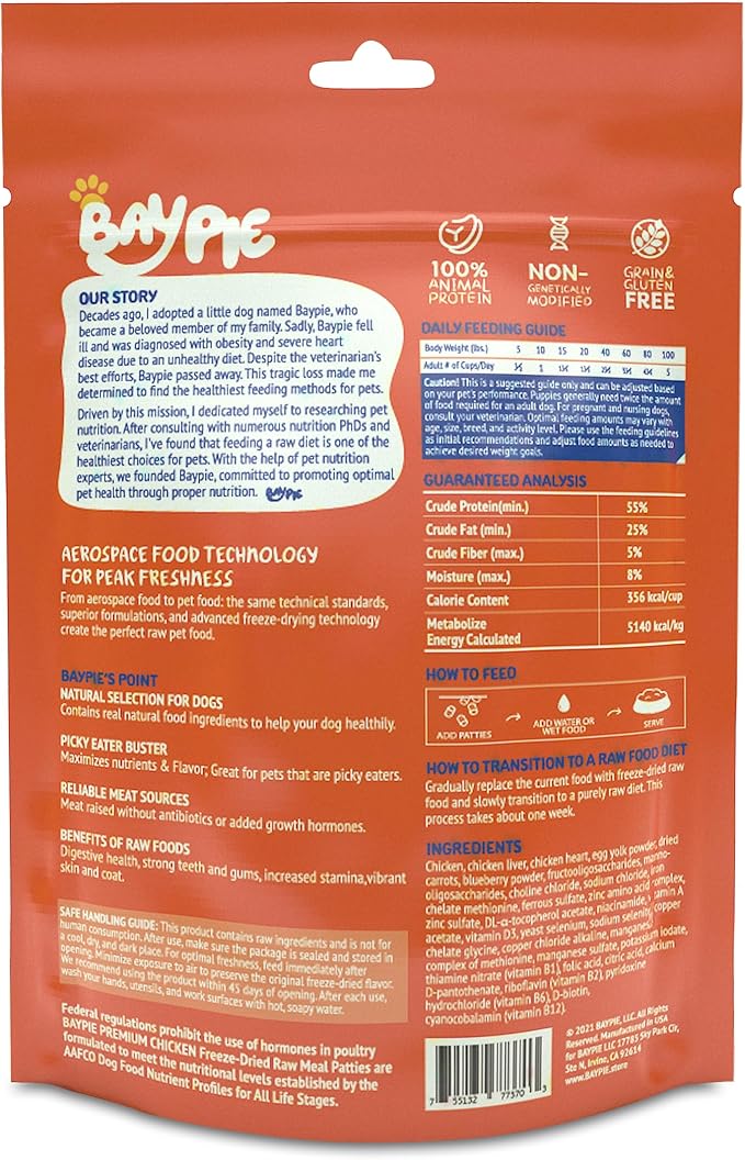 Freeze-Dried Raw Chicken Dog Food Meal Patties - Single Protein Source | Grain-Free & No Additives | High Protein Low Fat Training Reward | Also Great as Toppers or Treats,7 oz