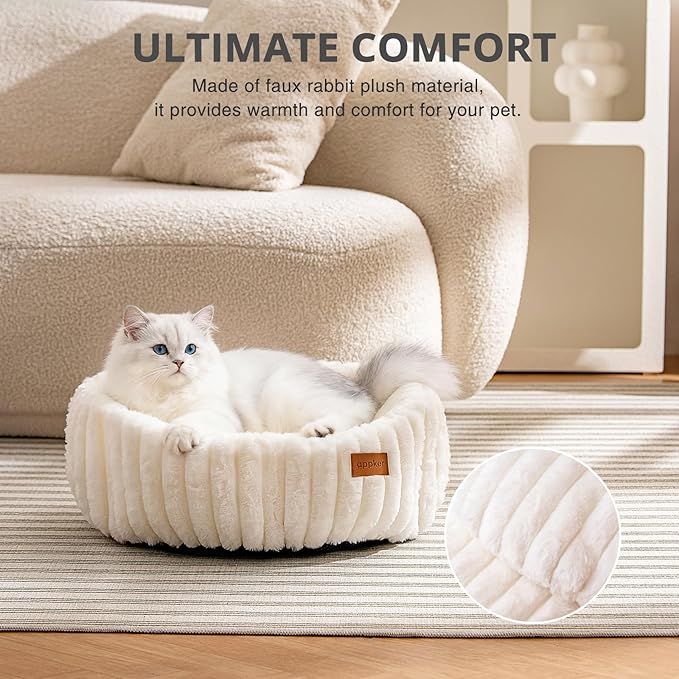 Cat Beds, Self Warming Cat Bed, Washable Pet Beds for Indoor Cats, Super Soft Faux Rabbit Fur Pet Bed for Puppy and Kitten with Anti-Slip Bottom (White, 20"x20"x8")