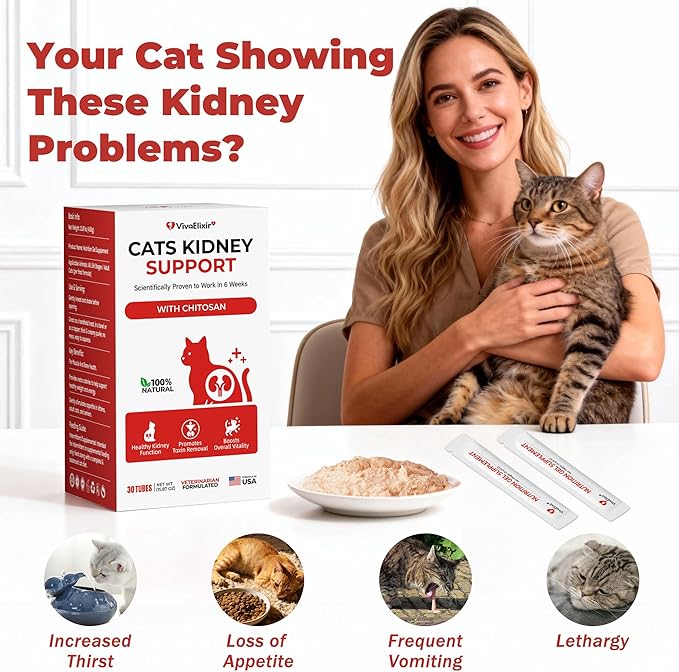Cat Kidney Support Chitosan & L-Lysine – Boosts Kidney Health & Function, Promotes Toxin Removal, Restores Kidney Function, Enhances Vitality – Natural Ingredients for Cats – 30 Tubes