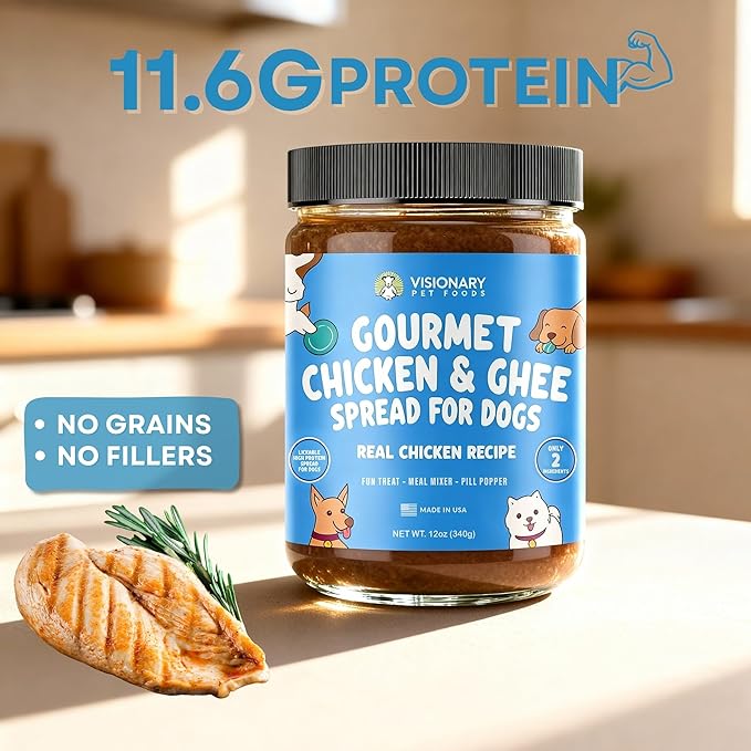 Visionary Pet Foods Chicken Meat Spread, Dog Safe and Natural Peanut Butter Alternative - Healthy Digestive Support, No Additives - Lick Mat Treats - 12oz Jar