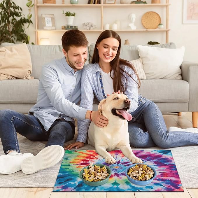 Colorful Tie Dye Dog Food Mat for Floors Absorbent, Quick Dry Water Dispenser Mat for Food, Water, Pet Supplies 12" x 20", Boho Rainbow