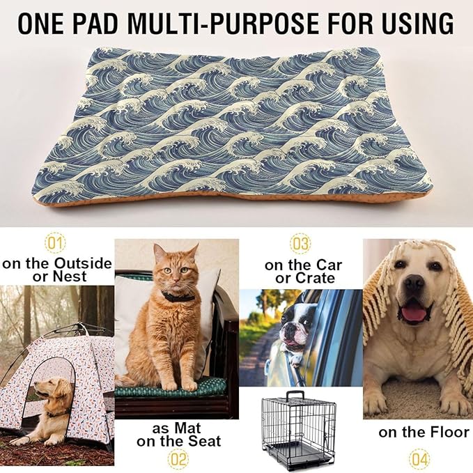 Dog Bed for Crate Washable Pet Sleep Pad, Kanagawa Reimagined Kennel Mat with Non-Slip Bottom, Soft Fluffy Supplies Pet for Dogs and Cats (36x24 inch)