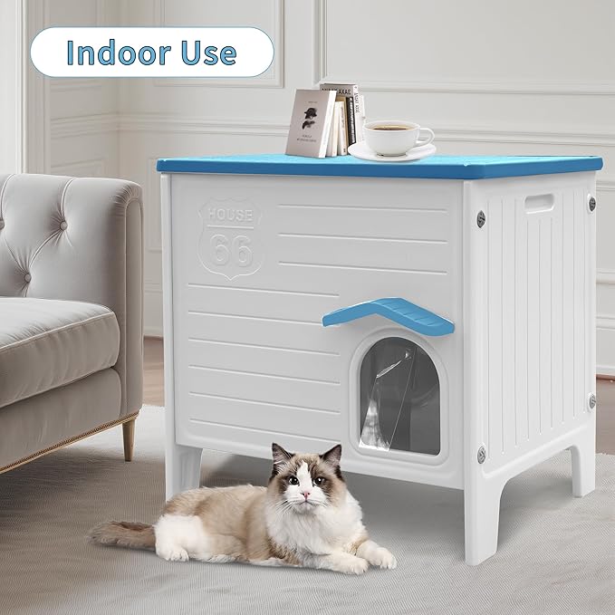 Rockever Insulated Outdoor Cat House, Waterproof Cat House for Outdoor Cats with Escape Door, Plastic Feral Cat House Outdoor Indoor, Spacious and Clean Easily (Blue,M)