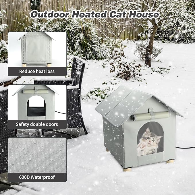 BWOGUE Elevated Heated Cat House for Outdoor Cats in Winter, Waterproof & Insulated Feral Cat Shelter for Outside Cats,Weatherproof Feral Cat House for Outside (Grey, L)