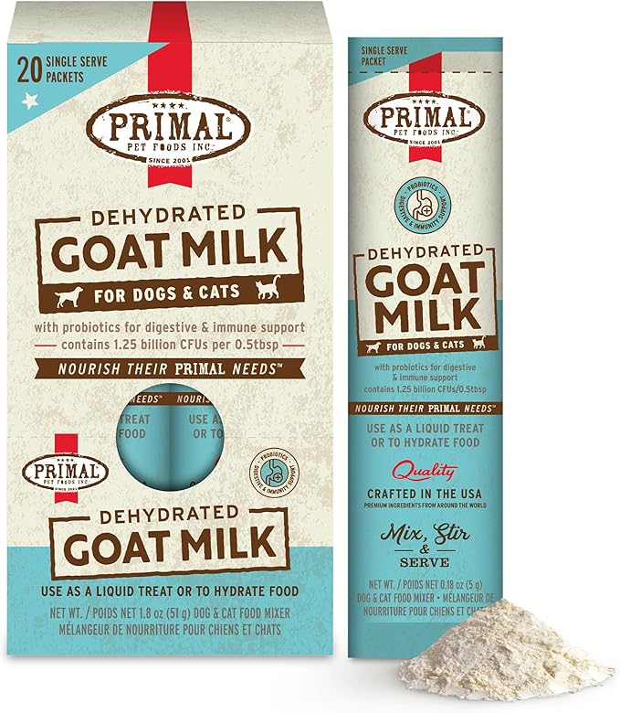 Primal Goat Milk Powder for Dogs and Cats, Shelf Stable Food Topper with Probiotics for Digestion, Hydration, and Immune Support, Original Recipe .18oz Packet (20 ct.)