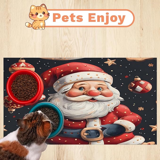 Santa Claus Dog Food Mat for Floors Absorbent, Quick Dry Water Dispenser Mat for Food, Water, Pet Supplies 24" x 32", Xmas Balls