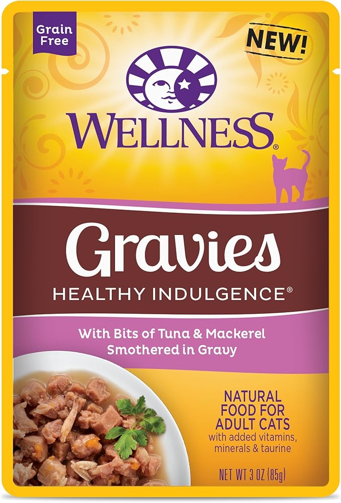 Wellness Natural Pet Food Healthy Indulgence Grain Free Wet Cat Food, Tuna and Mackerel Gravies, 3 Ounce (Pack of 24)