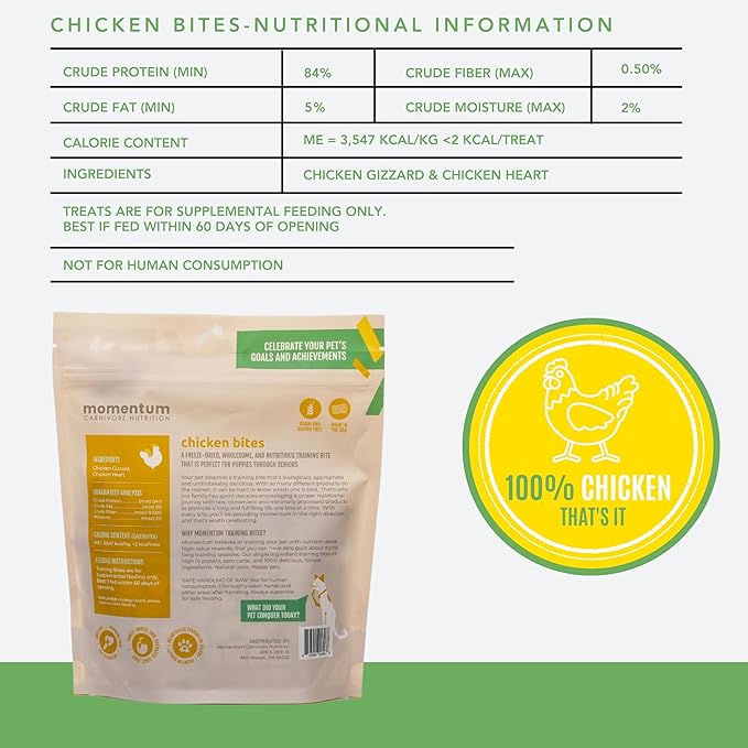 Momentum Carnivore Nutrition Freeze-Dried Chicken Training Bites – Two Ingredients-Chicken Gizzard and Heart, All-Natural Dog Treats –Made in USA – Perfect for Training & Rewards- 2.5 oz Bag