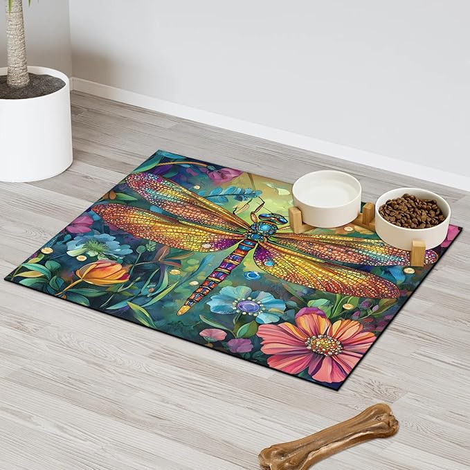 Dragonfly Dog Food Mat for Floors Absorbent, Quick Dry Water Dispenser Mat for Food, Water, Pet Supplies 16" x 24", Wildflower