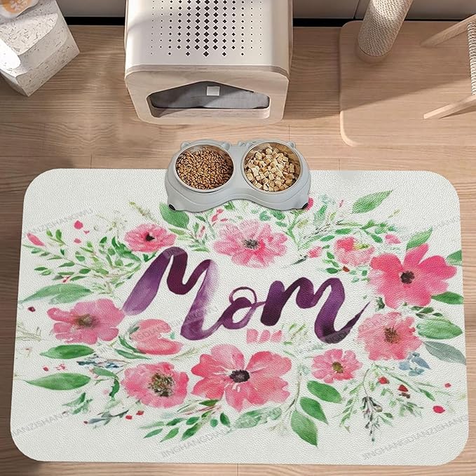 Dog Food Mat Watercolor Happy Mother's Day Floral Gift for Mom Li Absorbent Water Bowl Mats Cat Pet Feeding Placemats 18X12In