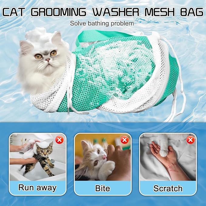 Cat Bathing Bag, Cat Shower Net Pet Bag, Cat Grooming Washer Mesh Bag, Adjustable Breathable Multifunctional Anti-Bite and Anti-Scratch Restraint Bag with Pets Nail Clippers for Cat's Bathing