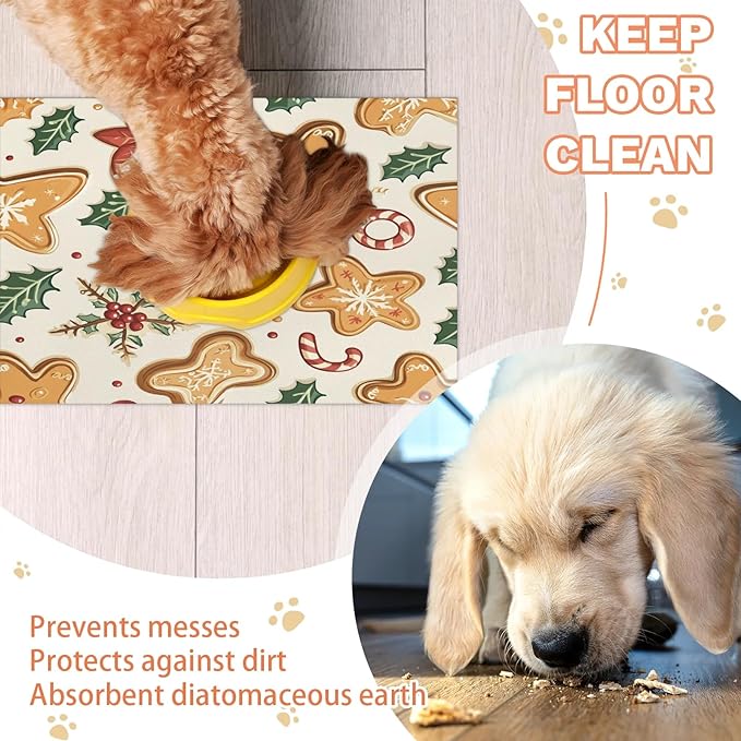 Christmas Tree Dog Food Mat for Floors Absorbent, Quick Dry Water Dispenser Mat for Food, Water, Pet Supplies 17" x 30", Xmas Gingerbread