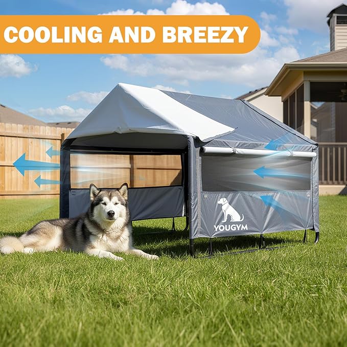 XLarge Outdoor Dog House 4'x4'x3.2' for Large Dogs, Animal Shelter with Doors and Mesh Window, Outside Sun Rain Canopy Pet House for Dogs, Cats, Small Animals and Livestock
