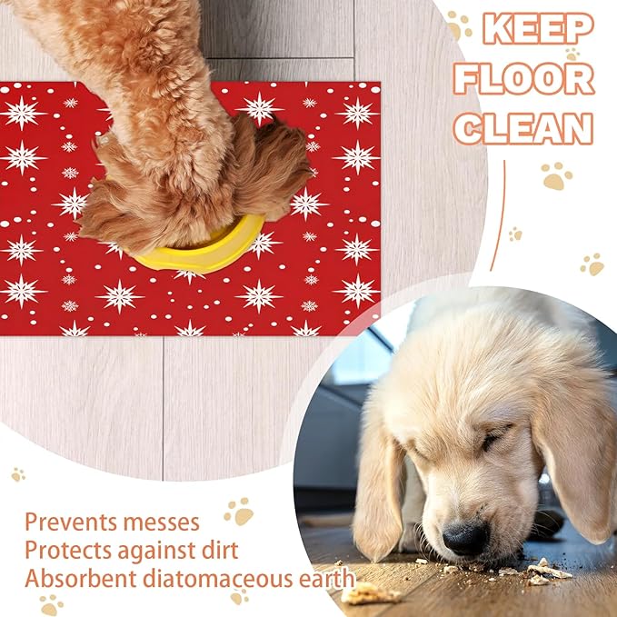 Christmas Dog Food Mat for Floors Absorbent, Quick Dry Water Dispenser Mat for Food, Water, Pet Supplies 16" x 24", Winter Snowflake