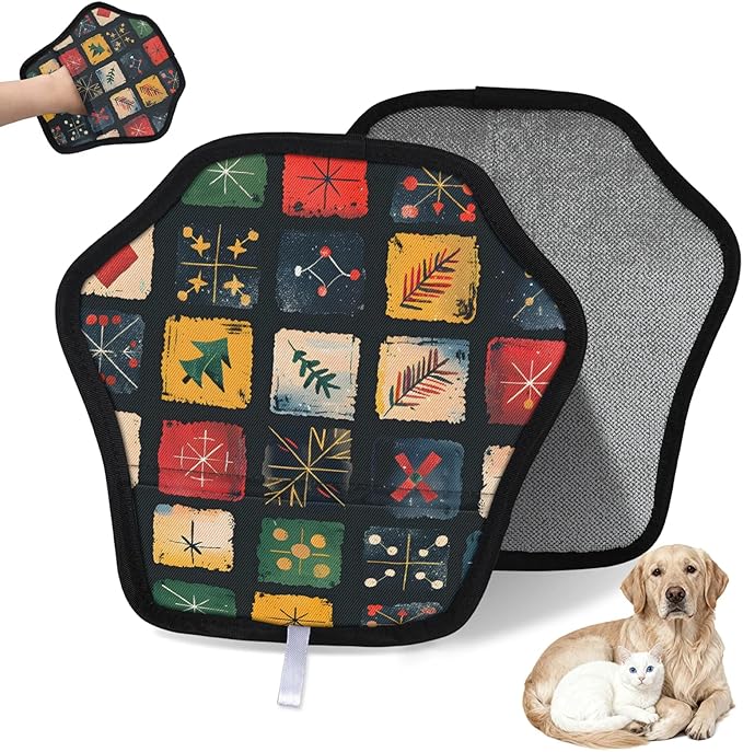 Creative Square Pattern Electrostatic Pet Hair Removal Glove for Cats & Dogs - Reusable Grooming Mitt for Couch, Carpet, Car Seat & Laundry - Large 9x9 Inch