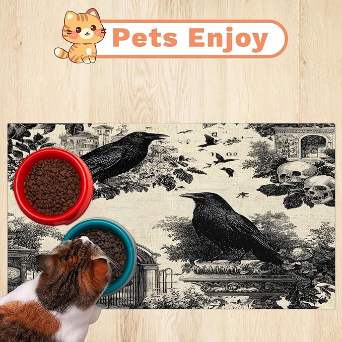 Halloween Crow Dog Food Mat for Floors Absorbent, Quick Dry Water Dispenser Mat for Food, Water, Pet Supplies 24" x 32", Skull
