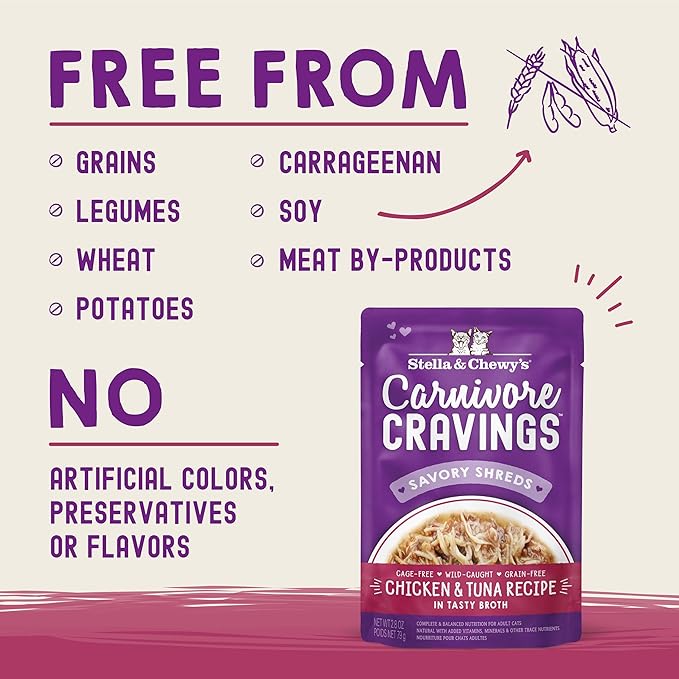 Stella & Chewy's Carnivore Cravings Wet Cat Food - Premium Pouches - Grain Free, High Protein Chicken & Tuna - Perfect For Picky Eaters - Complete Meal or Topper (2.8 oz, 24 Pack)