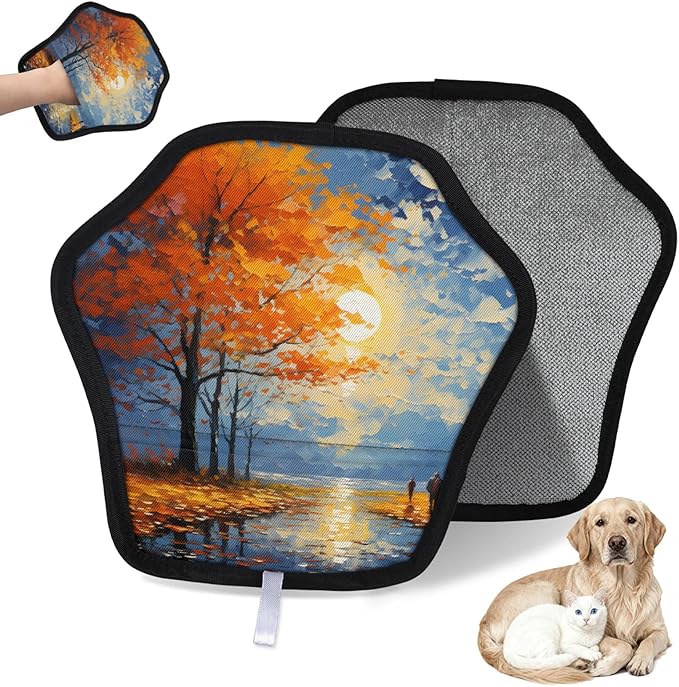 Reusable Pet Hair Removal Glove Oil Painting Trees Magic Brush for Cat & Dog Hair Remover for Car, Sofa, Bedding, Clothes - 9x9 Mitt Washable