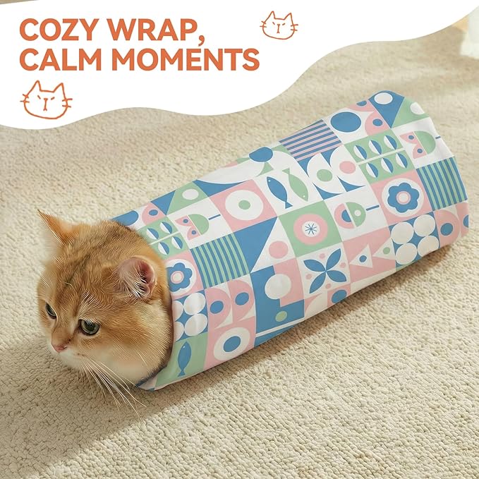 BFNN Cat Grooming Wrap for Cutting Nails, 31.5" Anti-Escape Calming Cat Swaddle Wrap for Medicine, Nail Clipping, Teeth Brushing, Ear Cleaning, Self-Adherent Burrito Restraint, (Geometric Fish, XL)