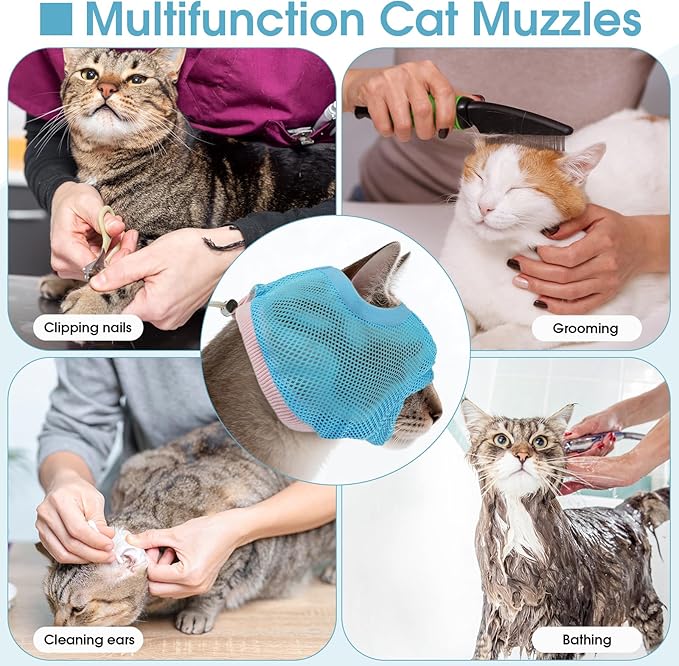 2 Pieces Soft Cat Muzzles for Grooming, Brearhable Mesh Cat Muzzle Anti Biting Chewing Anti Bite, Anti Meow, Nail Trimming & Bathing - Adjustable Pet Grooming Muzzle