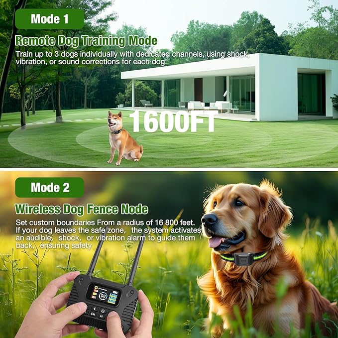 Wireless Dog Fence 2.4GHz Electric Fence for Dogs Wireless Fence for Dogs Portable Electric Dog Fence with Waterproof and Rechargeable Dog Training Collar (1 Controller & 2 Collar)