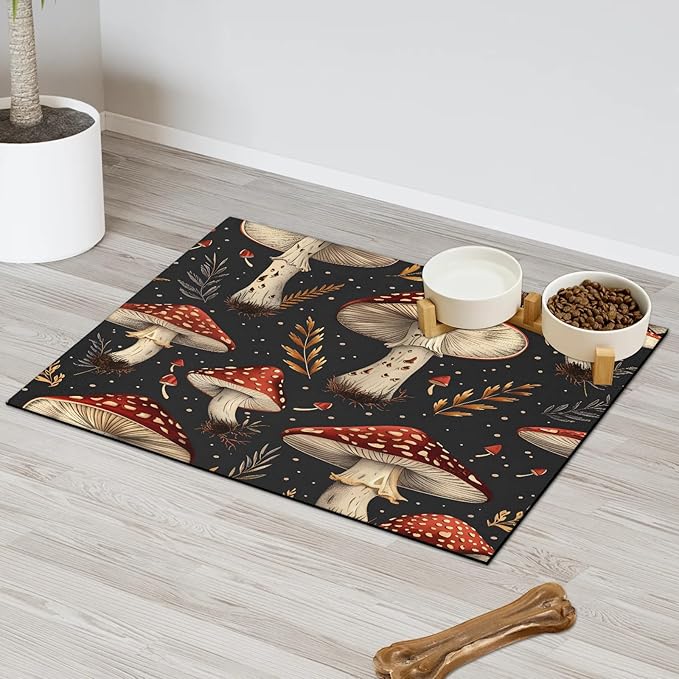 Red Mushroom Dog Food Mat for Floors Absorbent Dog Bowl Mat for Food and Water Dispenser Quick Dry Cat Food Placemat Pet Supplies 12" x 20", Leaves