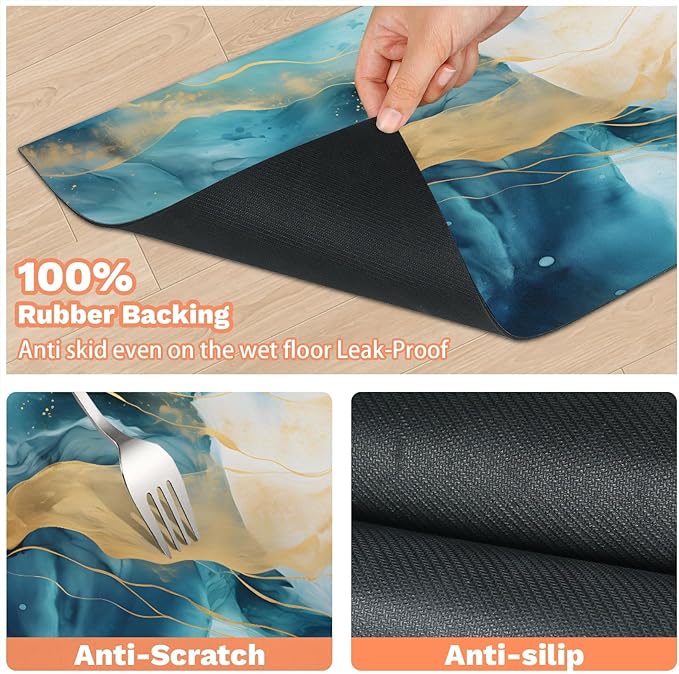 Marble Dog Food Mat for Floors Absorbent, Quick Dry Water Dispenser Mat for Food, Water, Pet Supplies 17" x 30", Blue Gold Stripes