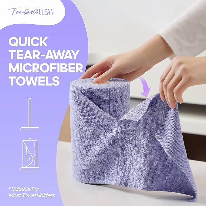 Fantasticlean Microfiber Cleaning Cloth Roll -60 Pack, Tear Away Paperless Towels, 8" x 8", Reusable Washable Rags, for House Kitchen, Pet, Office, Indoor Outdoor, Compact and Portable (Light-Purple)