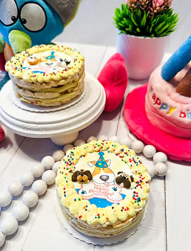 Dog Birthday Cake Crispy Popcorn Yellow Dog Birthday Cake - Edible Crispy PopCorn Cake Dogs Love- Handmade by Dezicakes - Perfect Dog Party Cake Boxed, Iced and Decorated