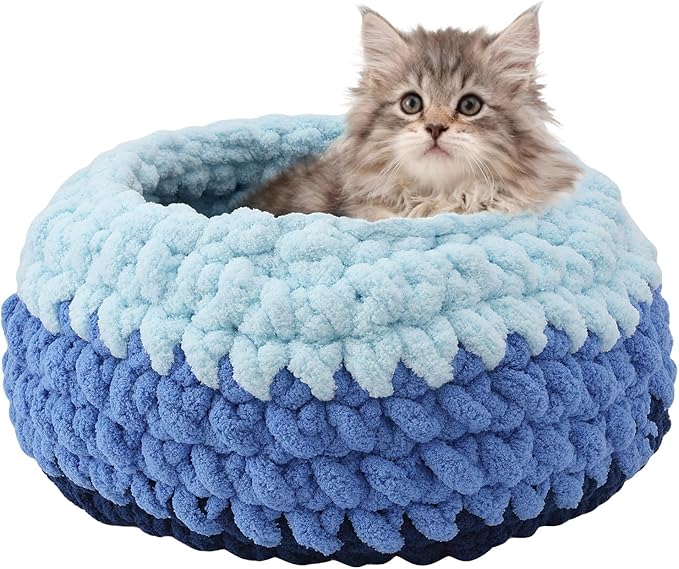 Rondo Cat Nest Handwoven Washable Cat Nest Bed Soft Round Cave House Furniture for Indoor Kitten Cloud Blue