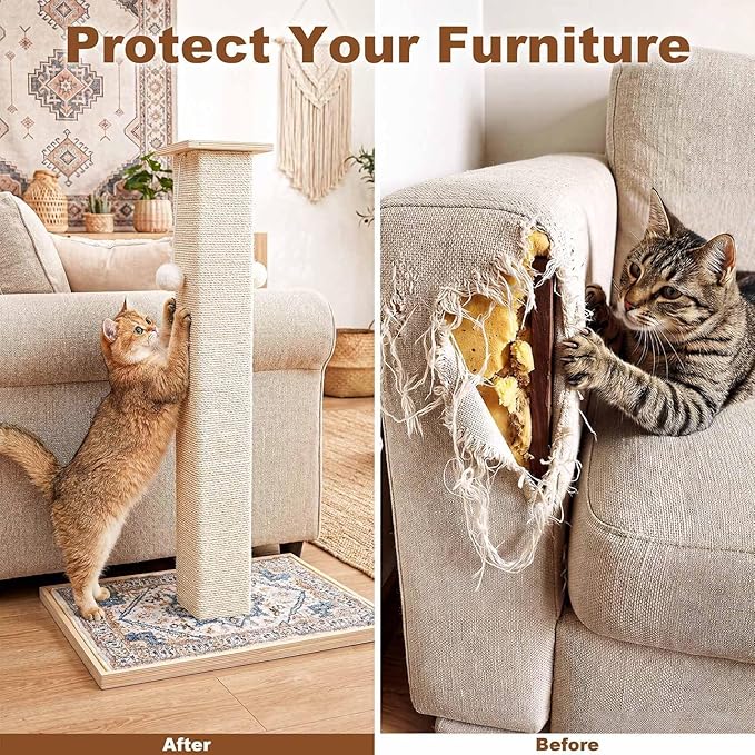 Tall Cat Scratching Post, 33" Boho Carpet Cat Scratcher with Perch for Indoor Cats, Large Base Sisal Scratch Post for Adults & Kittens with Dangling Ball Toy