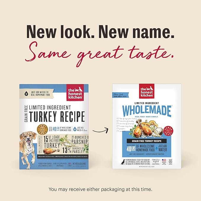 The Honest Kitchen Human Grade Wholemade™ Dehydrated Dog Food, Limited Ingredient Dog Food, Turkey, 4 lb (makes 16lbs