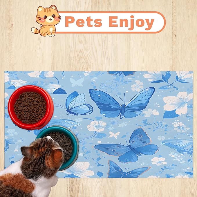 Blue Butterfly Dog Food Mat for Floors Absorbent, Quick Dry Water Dispenser Mat for Food, Water, Pet Supplies 16" x 24", Spring Flower