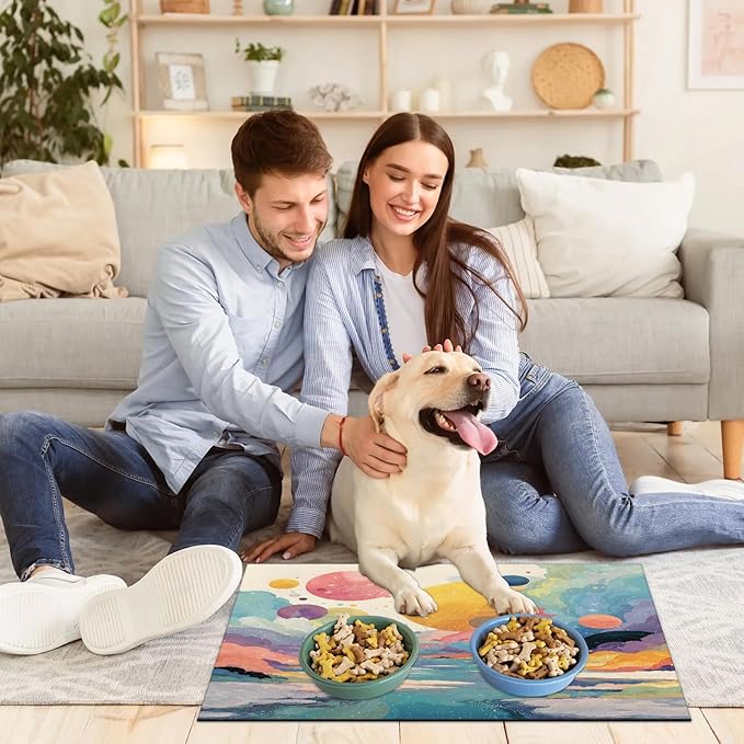 Colorful Mountain Dog Food Mat for Floors Absorbent, Quick Dry Water Dispenser Mat for Food, Water, Pet Supplies 24" x 32", Polka Dots