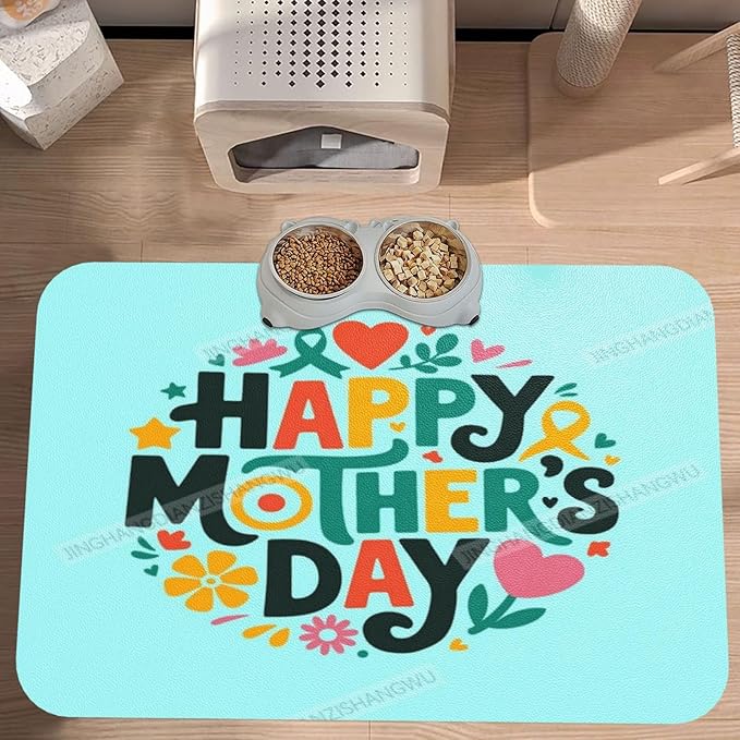 Absorbent Dog Water Cat Mat for Food Water Bowl Quick Dry Happy Mother's Day Floral Gift for Mom D Pet Feeding Mats No Stains Dog Food Mat Pet Accessories Supplies Cat Bowl Mats 18X12In