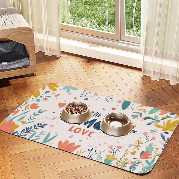 Dog Food Mats for Floors Happy Mother's Day Floral Gift for Mom He Absorbent Pet Cat Food Mat Quick Dry Dog Bowl Mats Water Pet Supplies 24x16In