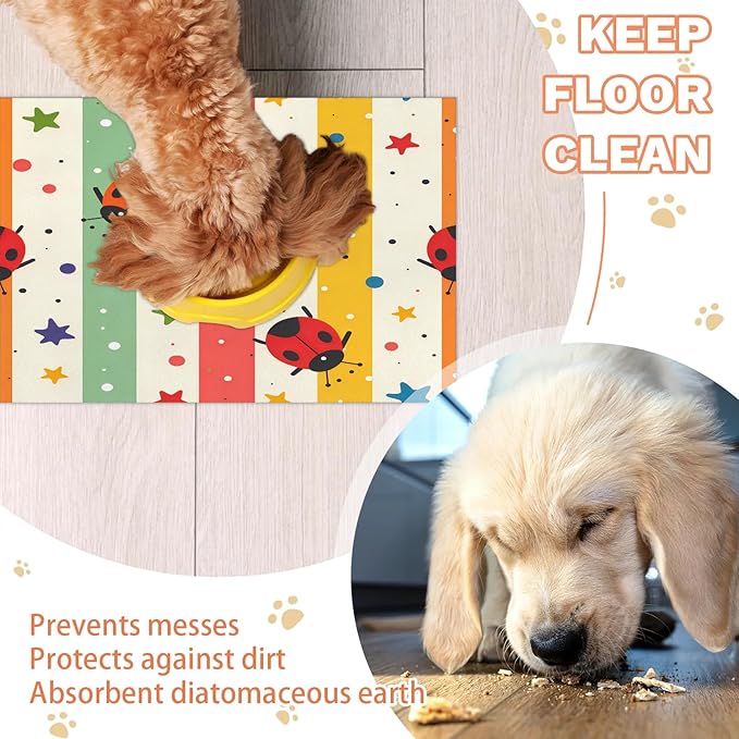 Red Ladybird Dog Food Mat for Floors Absorbent, Quick Dry Water Dispenser Mat for Food, Water, Pet Supplies 17" x 30", Colorful Lines