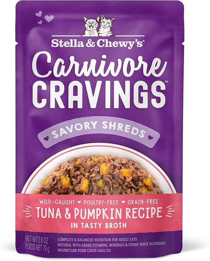 Stella & Chewy's Carnivore Cravings Wet Cat Food - Premium Pouches - Grain Free, High Protein Tuna & Pumpkin - Perfect for Picky Eaters - Complete Meal or Topper (2.8 oz, 12 Pack)