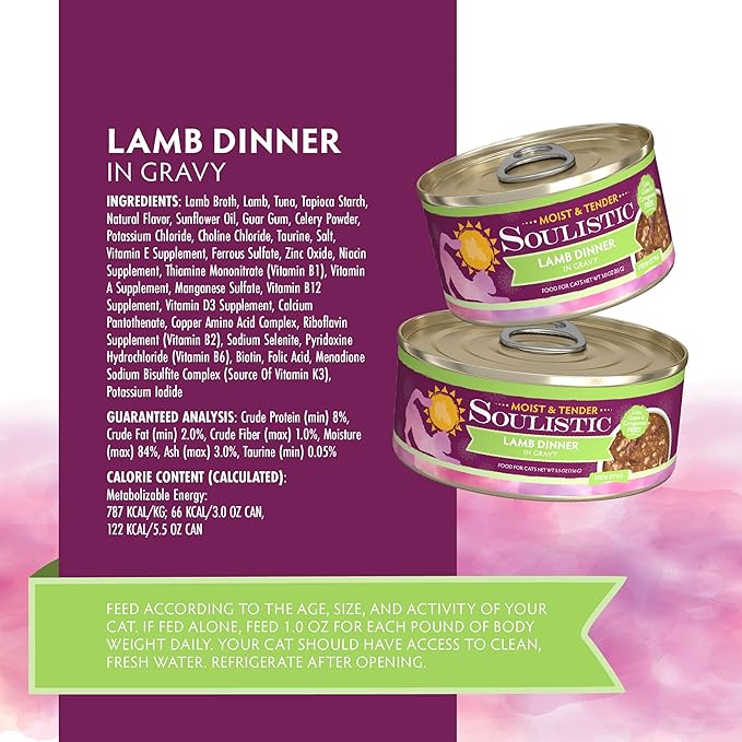Soulistic Moist and Tender, Lamb Dinner in Gravy, 3oz Can, Pack of 12