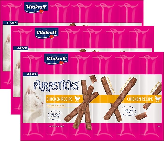 Vitakraft PurrSticks Cat Sticks, Chicken, 18 Sticks | Breakable Meatstick | Tender Texture | Pack of 3