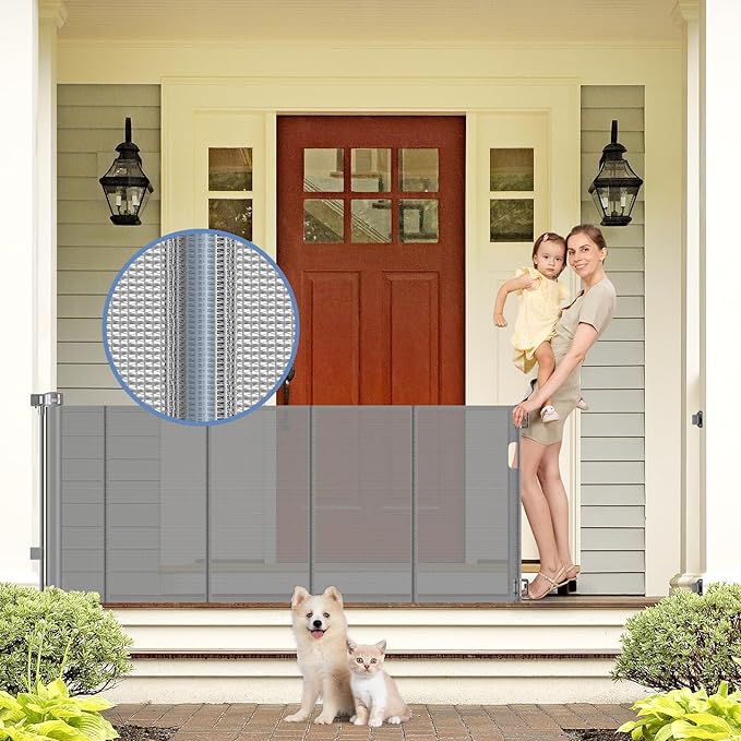 Reinforced Retractable Dog Gate with Support Strip 60" Wide Retractable Outdoor Gate for Decks Mesh Dog Gate Retractable Indoor Retractable Pet Gate for Dogs Retractable Mesh Gate Retractable Cat Gate