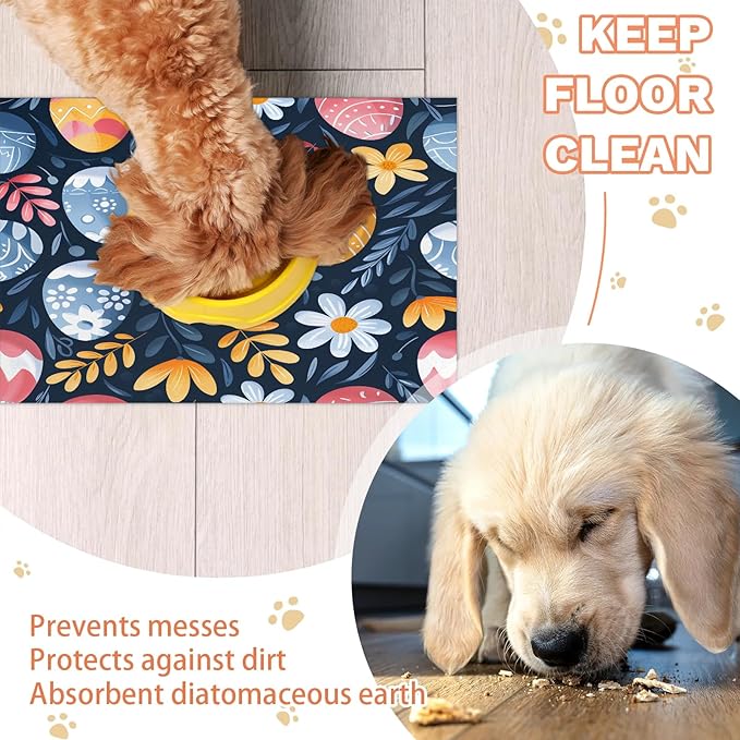 Easter Egg Dog Food Mat for Floors Absorbent Dog Bowl Mat for Food and Water Dispenser Quick Dry Cat Food Placemat Pet Supplies 24" x 32", Spring Floral