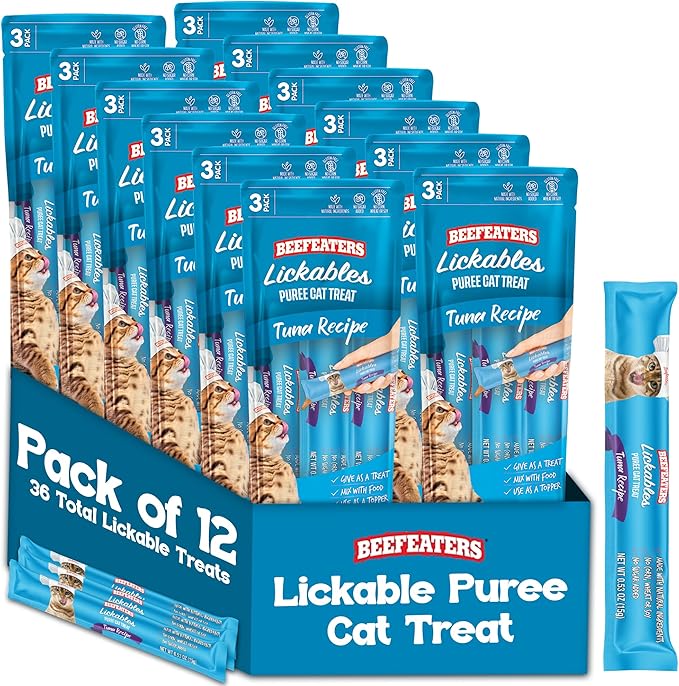 Beefeaters Tuna Pure Cat Treats 1.59oz (12 Pack) | Lickable Squeeze Tube Treats, Grain-Free, No Added Sugar, Real Tuna, Taurine-Enriched, Ideal for Bonding, Seniors, Toppers & Everyday Treating