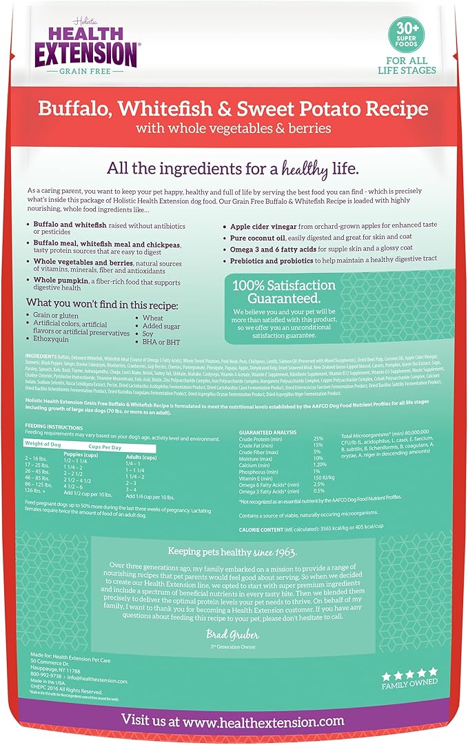 Health Extension Grain Free Buffalo & Whitefish Dry Dog Food - 30+ Superfoods and Probiotics for All Life Stages (23.5lb)
