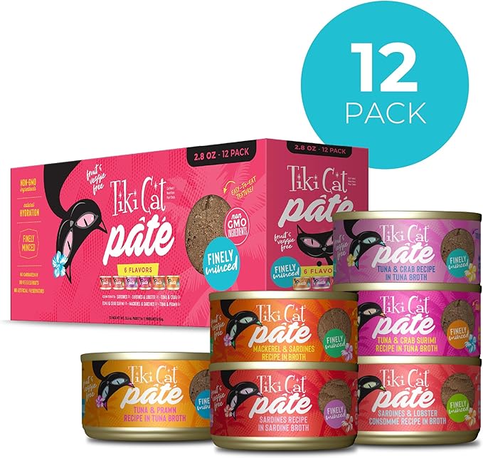 Tiki Cat Grill Pâté Variety Pack, Combinations of Real Flaked Fish, Wet High-Protein & High-Moisture Cat Food, 2.8 oz. Cans (Pack of 12)
