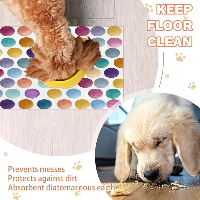 Polka Dots Dog Food Mat for Floors Absorbent Dog Bowl Mat for Food and Water Dispenser Quick Dry Cat Food Placemat Pet Supplies 12" x 20", Watercolor Rainbow