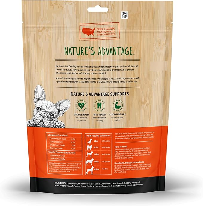 Nature's Advantage Freeze-Dried Raw Chicken & Quail Dinner Dog Food Mini Patties, 14 oz | Grain Free, High Protein Nutrition