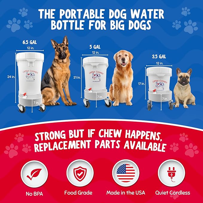 Pet Gravity Water Dispenser: 5 Gallon. for Dogs, Cats, Goats, Small Animals. Quiet, No BPA and Made in USA. Ideal Dog Bowl Large Breed. Best Automatic Waterer.
