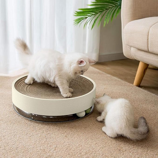 Cat Scratch Pad for Indoor Cat Round Cardboard Cat Scratcher Bed with Cat Ball Toy Ringing Bell for Multi-Cat Households Horizontal Nail File Sleep Fun All-in-One